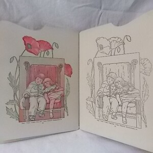Puede incluir: Un libro abierto que muestra dos p&aacute;ginas con ilustraciones id&eacute;nticas de un ni&ntilde;o y una ni&ntilde;a sentados en una silla rodeados de amapolas. La p&aacute;gina izquierda est&aacute; coloreada en tonos rojos, verdes y beige, mientras que la derecha es un dibujo lineal.