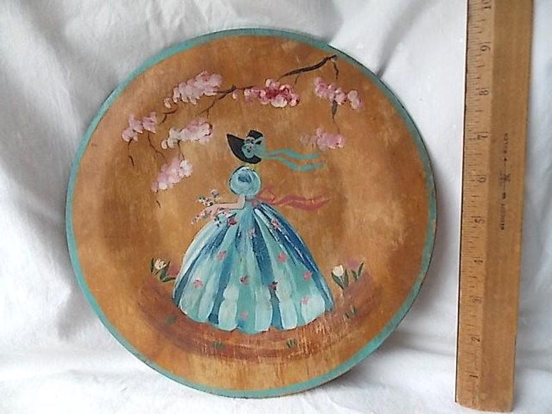 Vintage Sun Bonnet Girl Wooden Plate Folk Art Shabby Rustic Farmhouse bild 1