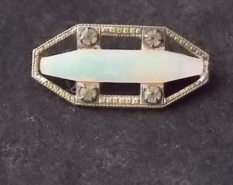 Antique Mother of Pearl & Sparkling Stones Collar Pin "C" Clasp