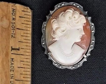 Vintage 800 Silver with Marcasite Shell Cameo Pin Pendant Combination