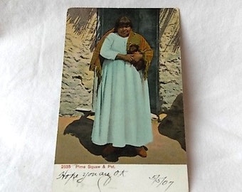 Vintage 1907 Native American Pima Woman & Pet Dog