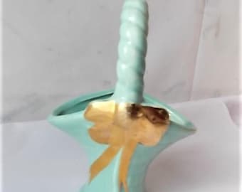 Vintage Pottery Mini Basket Vase Turquoise Aqua + Gold Bow Mid Century
