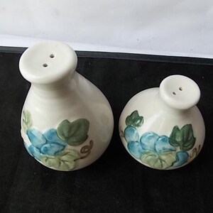 Peut inclure: Une paire de sali&egrave;res et poivri&egrave;res en c&eacute;ramique. Les sali&egrave;res blanches ont une forme arrondie et un petit dessus rond avec deux trous. Chacune est d&eacute;cor&eacute;e de motifs floraux bleus et verts.