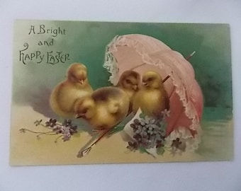 Antique Easter Postcard Chicks with Pink Parasol Never Used