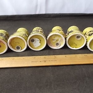 May include: Six vintage ceramic salt and pepper shakers. The shakers are yellow with black and brown floral designs. The bottoms are white with a single hole for dispensing. A wooden ruler is in the foreground.