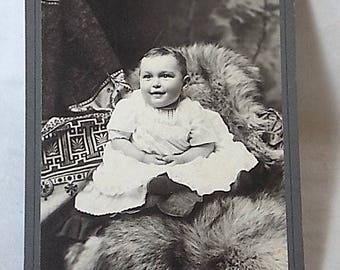 Victorian Cabinet Card Photo Chubby Baby on Fur Rug, Slightly Diabolical