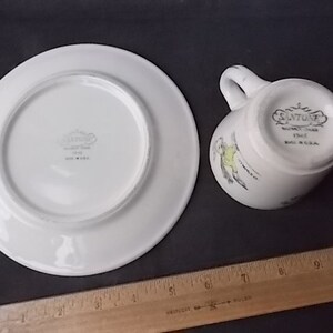 May include: White ceramic teacup and saucer set. The teacup has a handle and a decorative bird design. The saucer and the bottom of the teacup have the text "SANTONE" and "MADE IN U.S.A."