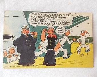 1942 WWII Popeye Wimpy Military Navy Cartoon Postcard Name Guth