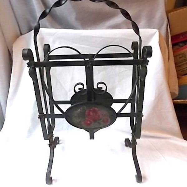 Vintage Wrought Iron Magazine Rack Heart Red Rose Shabby Paris Apartment