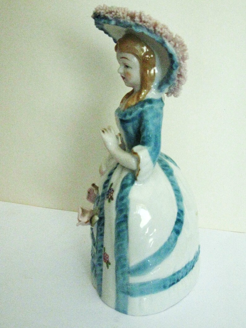 May include: A porcelain figurine of a person wearing a blue jacket and a white bell-shaped skirt with blue ribbon accents and small floral patterns. The figure wears a wide-brimmed hat with a textured pink trim and has light brown hair.
