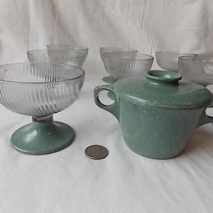 8 Vintage Texas Ware Dessert Sherbet Dishes + Sugar Bowl Speckle White on Sage Olive Green Melamine Plastic