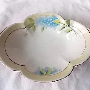 May include: Oval porcelain dish with a pale green border and silver trim. The dish is decorated with hand-painted blue flowers and green leaves. It has two small handles. A decorative serving piece.