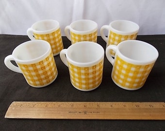 6 Vintage Yellow Gingham Hazel Atlas Mugs Cups Milk Glass