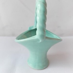 Vintage Pottery Mini Basket Vase Turquoise Aqua + Gold Bow Mid Century image 3