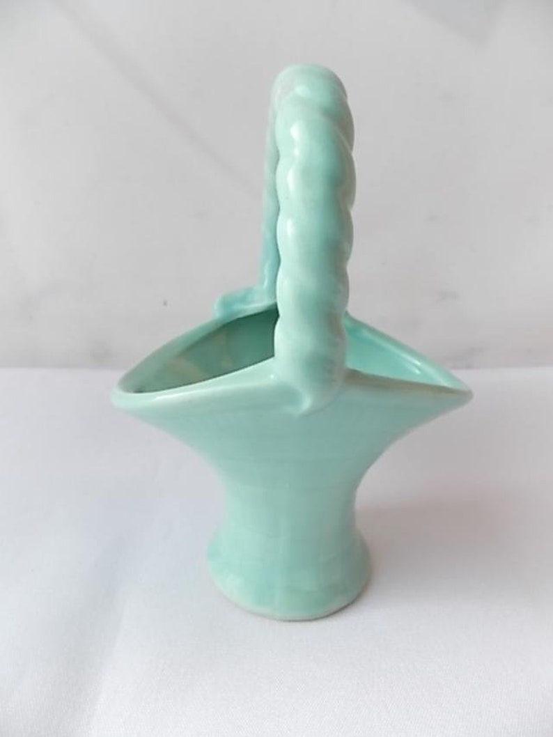 Vintage Pottery Mini Basket Vase Turquoise Aqua + Gold Bow Mid Century image 3