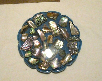 Vintage Embedded Abalone Resin Lucite Trivet Hot Pad Baby Blue 1969 Sea Shells