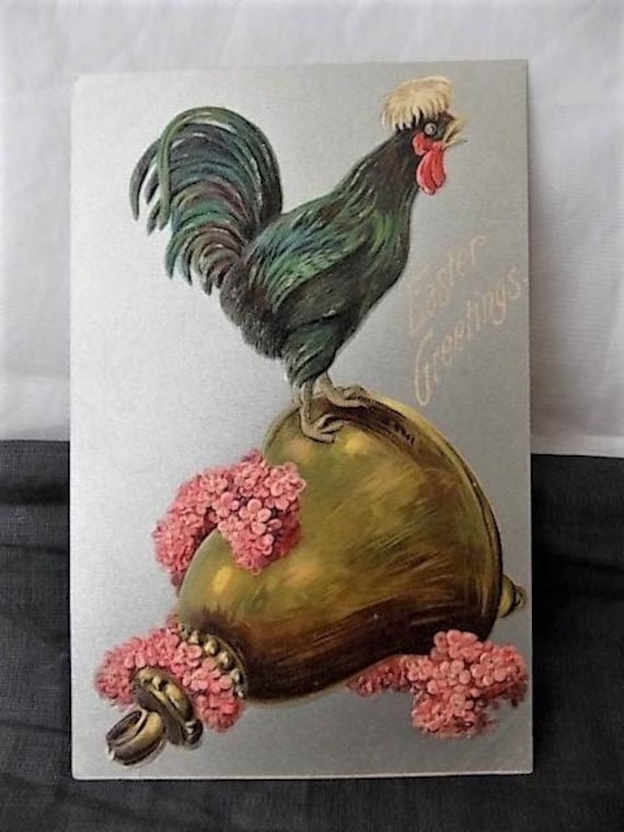 Antique Easter Postcard Chicken Rooster on Bell White Crested