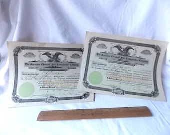 2 Vintage 1908 Stock Certificates for the Syracuse NY Chemical Fire Extinguisher Company