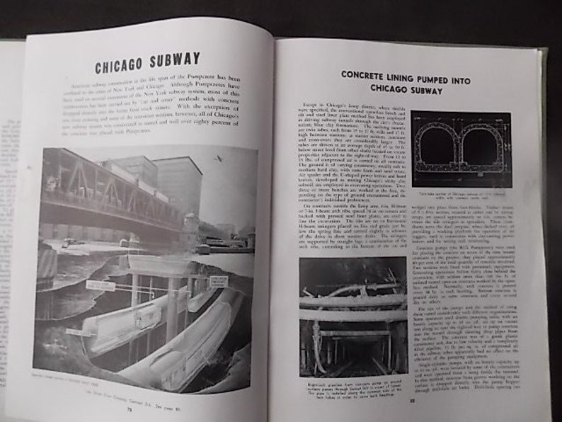 May include: A monochrome image from a vintage book, with the title "CHICAGO SUBWAY" at the top of the left page. The photograph depicts a subway construction site, including a bridge and tunnel.