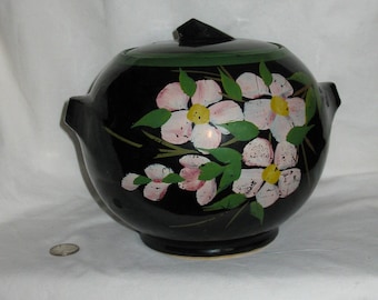 Vintage Stoneware Cookie Biscuit Jar HP Apple Cherry Blossoms Rustic Farmhouse