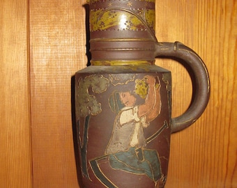 Antique Haviland Co Ernest Chaplet Stoneware Tankard Man Drinking Rosary Mark ca 1885