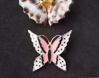 2 Vintage Butterfly Pins Pink & Black Enamel and Shell
