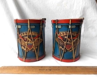 Pair Vintage Drum Bookends Patriotic Eagle & Shield