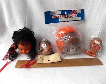 4 Vintage Afro American Doll Heads Mitzy Orange Yarn Hair Thumb Sucking Hands