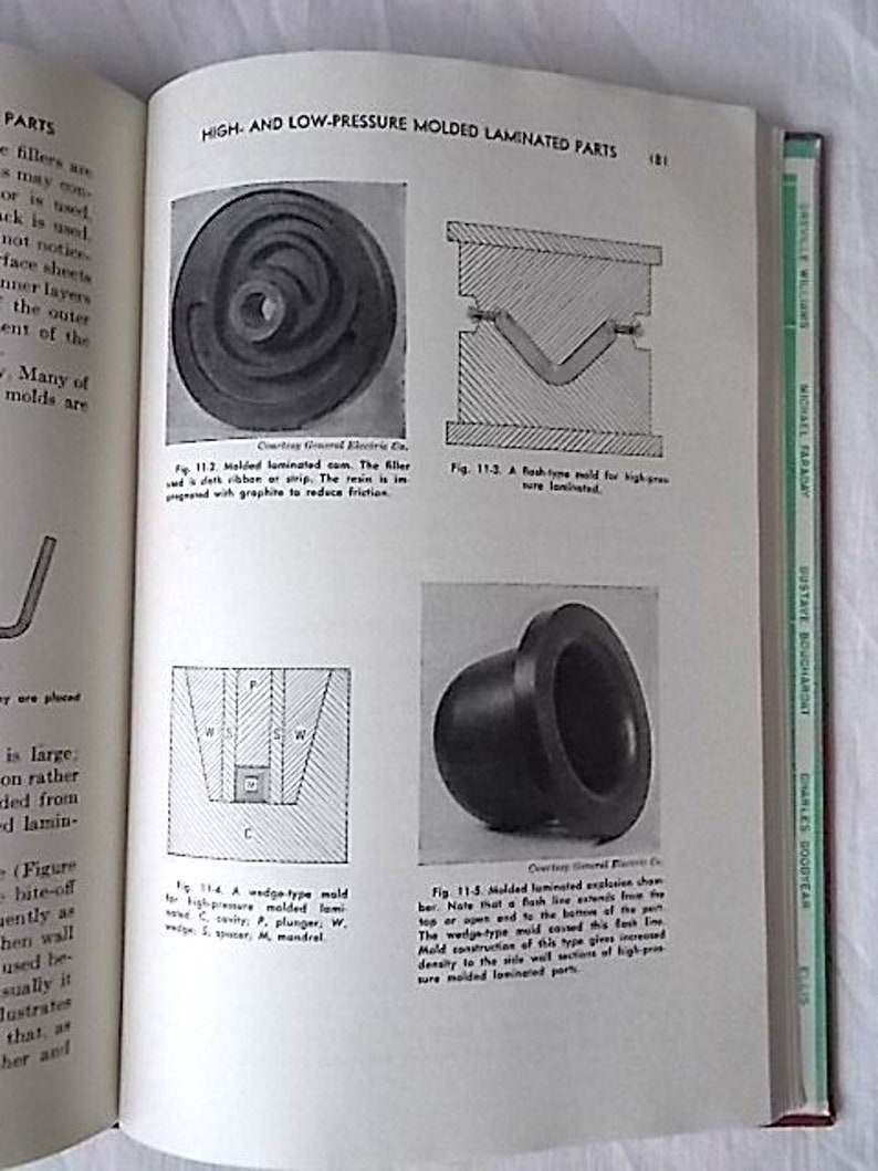 Peut inclure: Un livre ouvert pr&eacute;sente des sch&eacute;mas techniques et des illustrations de pi&egrave;ces stratifi&eacute;es moul&eacute;es. La page comprend des figures d'une came stratifi&eacute;e moul&eacute;e, d'un moule de type &eacute;clair, d'un moule de type coin et d'une chambre d'exclusion stratifi&eacute;e moul&eacute;e.