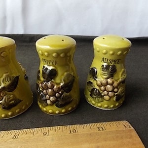 May include: A set of three ceramic spice shakers in a light green color. Each shaker is labeled with a spice name: Salt, Pepper, and Allspice. The shakers are decorated with a grape design.