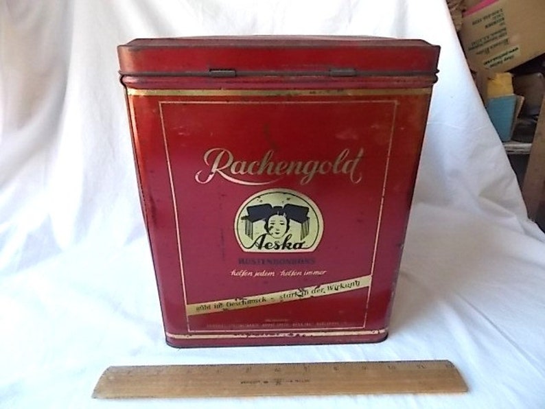 Vintage German Store Canister Rachengold Aeska Hustenbonbons Cough Candy Red Kitchen Shabby Farmhouse image 3