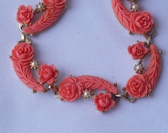Vintage Salmon Pink Plastic Roses Necklace & Bracelet Set