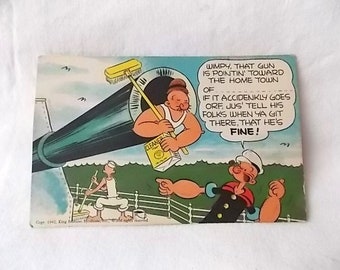 1942 WWII Popeye Wimpy Military Navy Cartoon Postcard Cannon Mortar