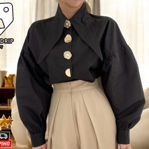 Blouse met omgeslagen kraag | Losvallende damestop | Vintagestijl met uitlopende mouwen | Elegante modekleding | Comfortabele formele kleding