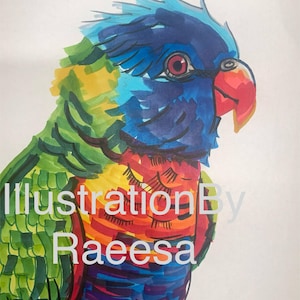 Bespoke handmade bird illustration, Funky wall art, Gift, Animal print, Colourful art, Rainbow Lorikeet