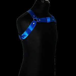 May include: A blue adjustable harness with metal hardware. The harness is made of a soft, comfortable material and is designed to be worn around the chest and shoulders.