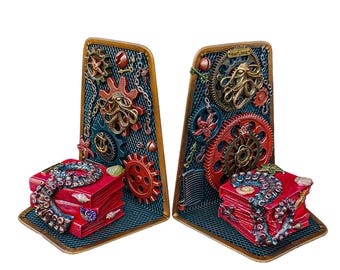 Podpórki do książek w stylu steampunk, podpórki do książek w stylu marynistycznym, dekoracja ośmiornicy, dekoracja biblioteki oceanicznej, stojak na książki z motywem Krakena, prezent dla miłośnika książek