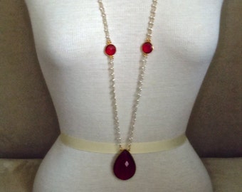 Windsor Rouge --One of a Kind -- Ruby Quartz Statement Pendant and Freshwater Pearl Long necklace