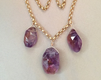 Violet Plume -- Amethyst Nuggets Long Statement Necklace