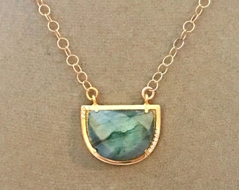 Sunrise -- One of a Kind -- High Flash Blue/Green Labradorite Domed Connector and Gold-Filled Chain Necklace