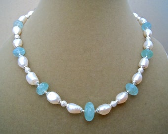 Soleil -- Aquamarine and Barque Pearl One of a Kind Necklace