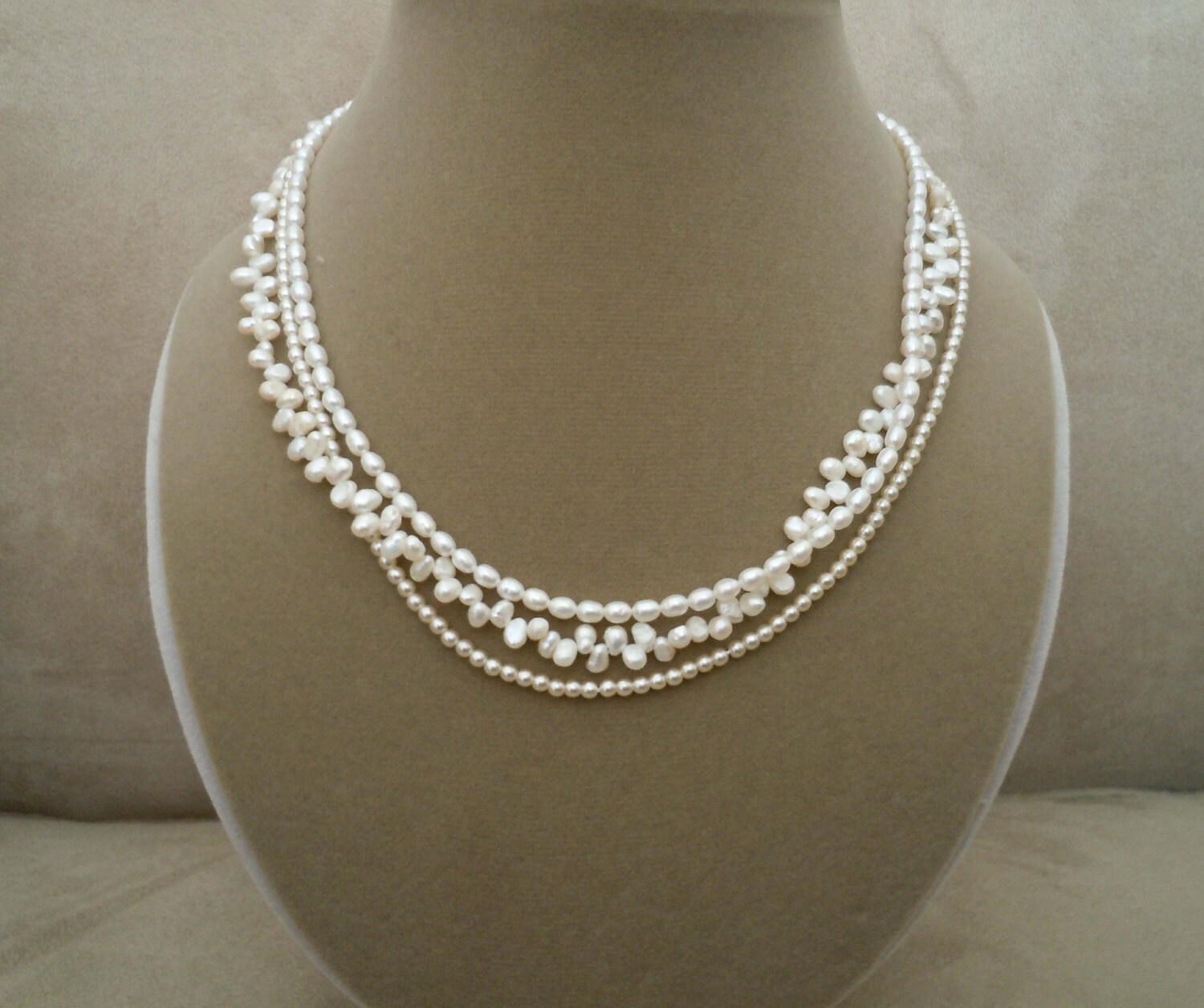 Renaissance Triple Strand Freshwater Pearl necklace | Etsy