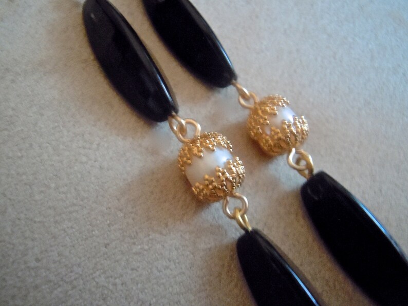 Geisha Black Onyx and Freshwater Pearl Long Statement Earrings image 3