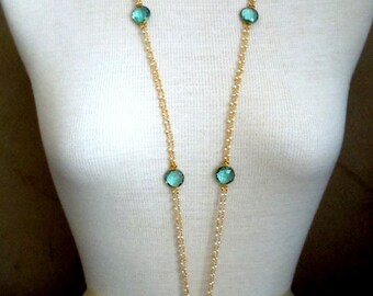 Windsor -- One of a Kind -- Aqua Quartz Statement Pendant and Freshwater Pearl Long necklace -- Available in Green or Ruby Red Stones