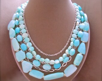 Dionisis -- One of a Kind -- Multi-Strand Peruvian Blue Amazonite Gemstone and Silver Chain Multi-Strand Necklace