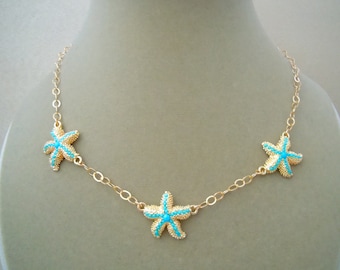 LAST ONE: Limited Edition -- Sea Skies -- Turquoise in Gold Filled Starfish Settings on 14K Gold Filled Chain Necklace