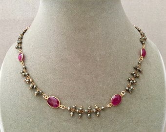 NEW Manhattan -- One of a Kind -- Ruby and Pyrite Gemstone Cluster Chain Necklace