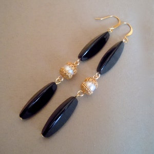 Geisha Black Onyx and Freshwater Pearl Long Statement Earrings image 1