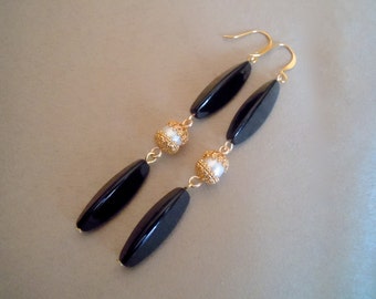 Geisha -- Black Onyx and Freshwater Pearl Long Statement Earrings