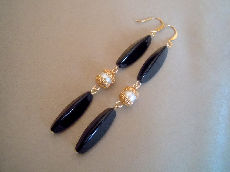 Geisha Black Onyx and Freshwater Pearl Long Statement Earrings image 1